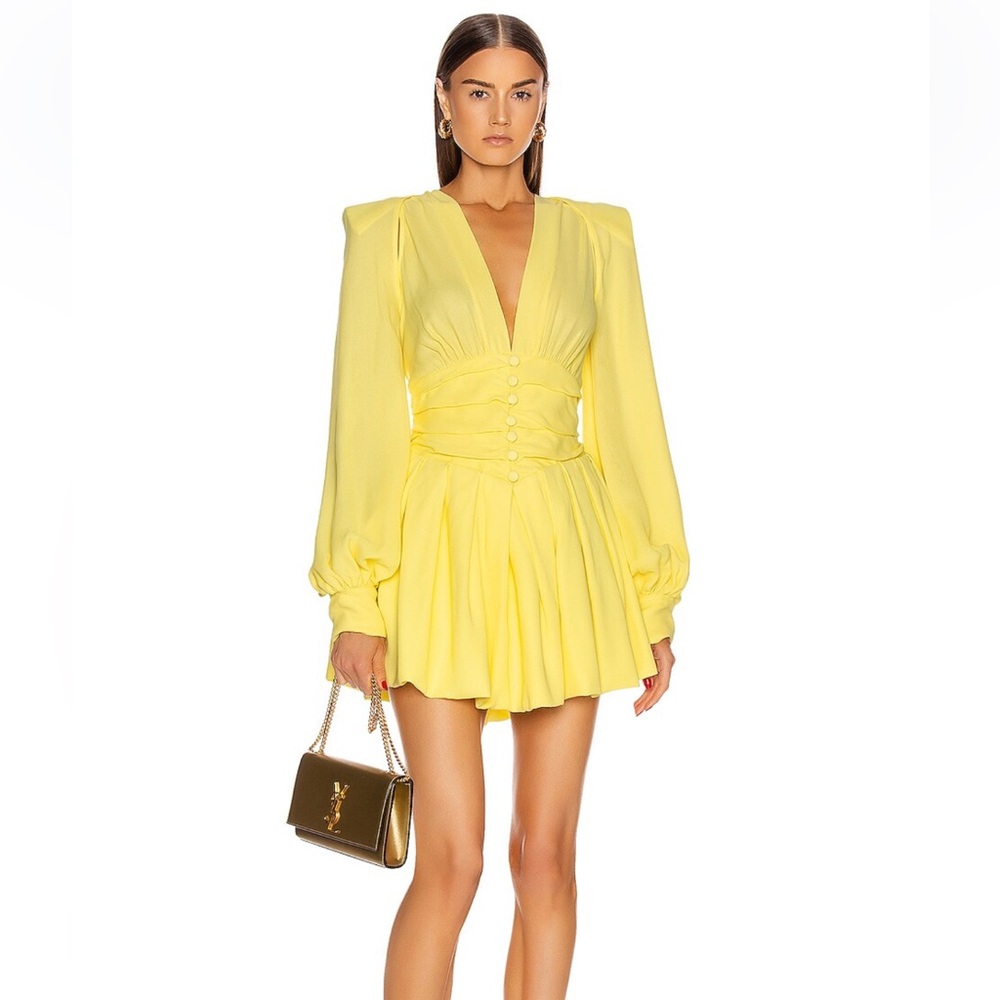 Attico Pale Yellow Long Sleeve Ruched Mini Dress IT38 with original tag button